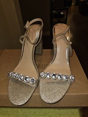 Jewel Badgley Mischka Silver Glitter Block Heel Sandals with Crystal Accents